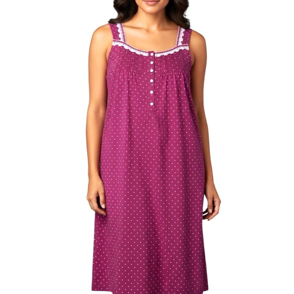 ARIA COLLECTION Purple POLKA-DOTS PLEATS 6-Buttons LOUNGE DRESS/NIGHTGOWN Sz L